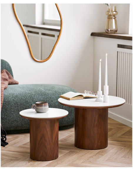 Table d’appoint céramique effet marbre blanc Ø40 x H38 cm pied bois foncé Noli 