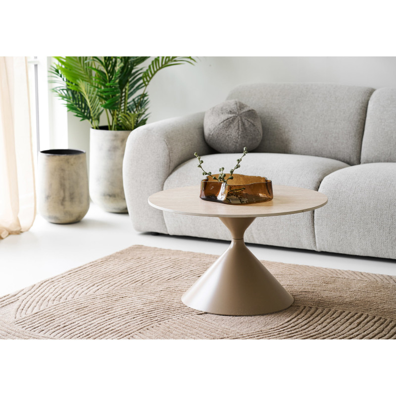 Table basse Ø70 cm céramique effet travertin et acier sable Annecy 