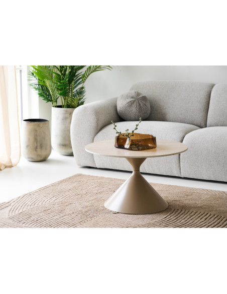Table basse Ø70 cm céramique effet travertin et acier sable Annecy 