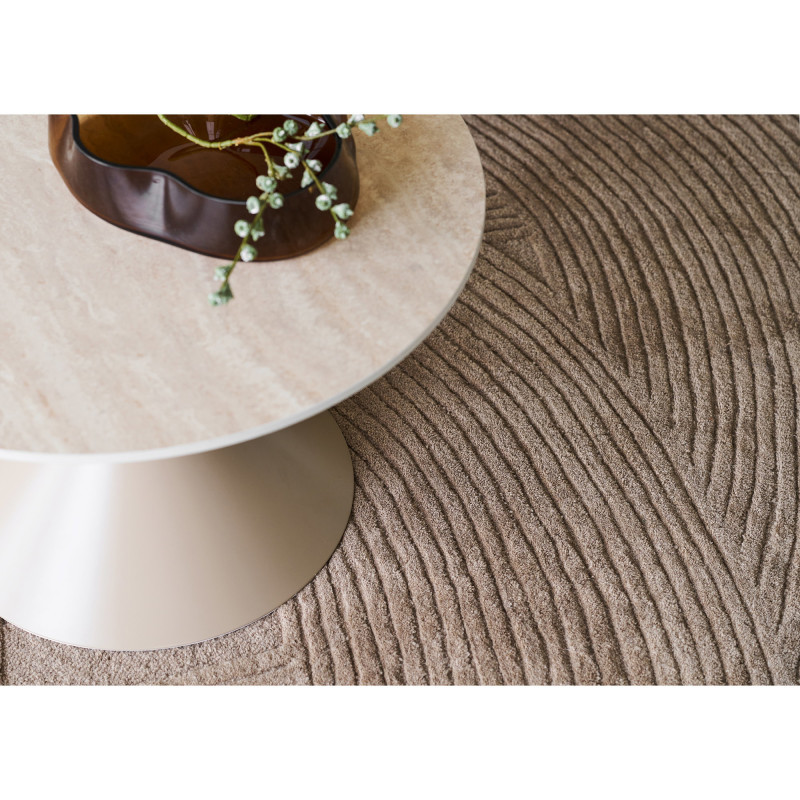 Table basse Ø70 cm céramique effet travertin et acier sable Annecy 