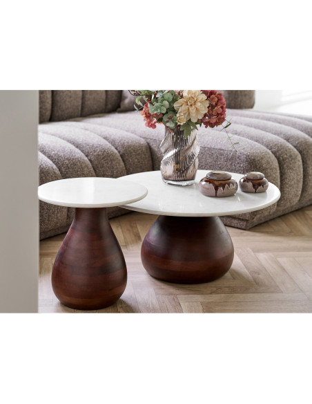 Table d’appoint marbre blanc et bois de manguier Ø40 x H41 cm Heide 