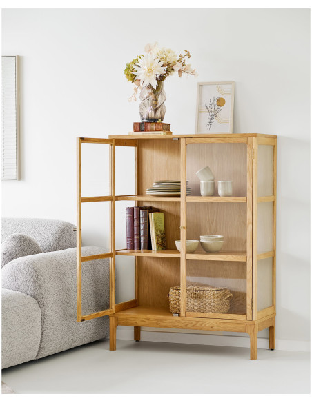 Vitrine 2 portes verre L90 cm chêne naturel H126 cm Zamora 