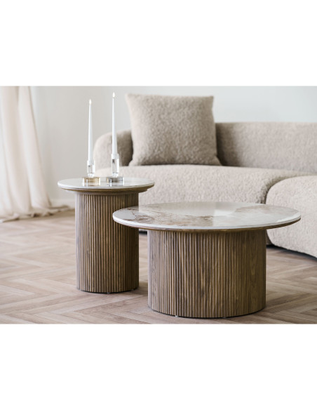 Table d’appoint Ø45 cm céramique marbre blanc bois Athens 