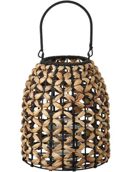 Pinto Lantern - Lantern, PE/water hyacinth, glass, natural/black 