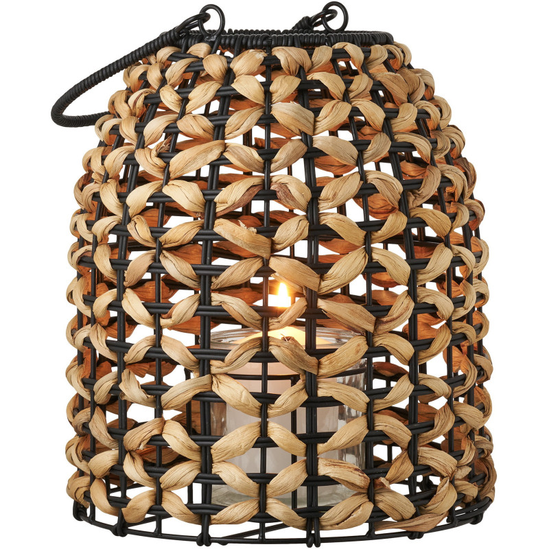 Pinto Lantern - Lantern, PE/water hyacinth, glass, natural/black 
