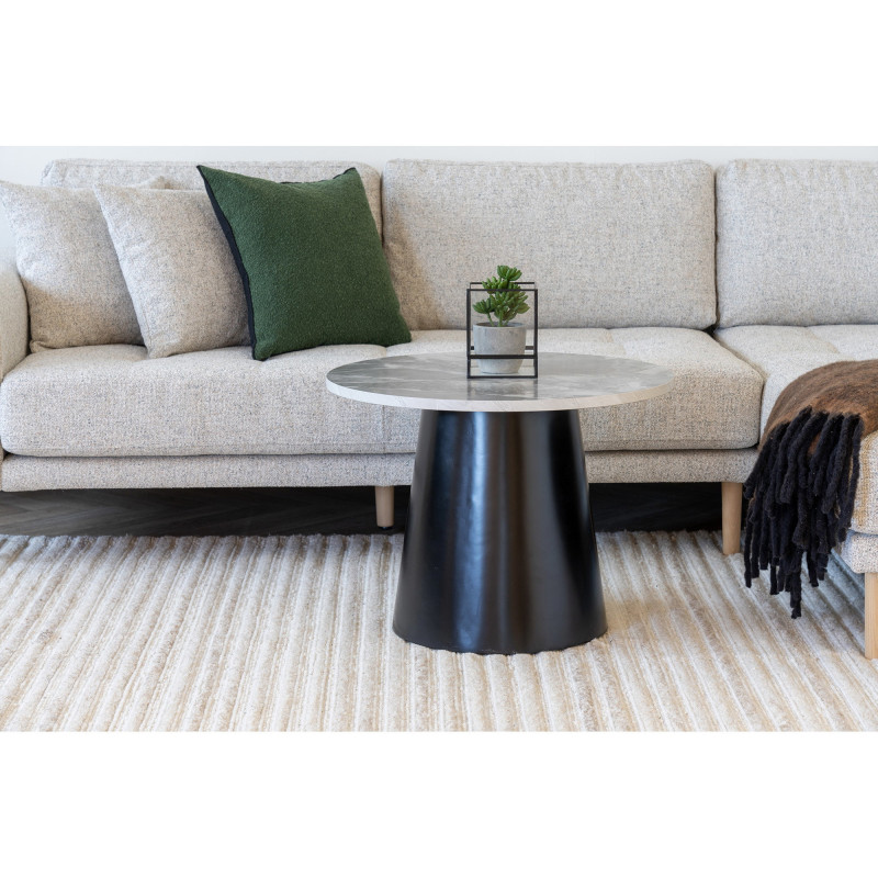 Table basse moderne chic Ronde Bois MDF Mélamine Gris Effet marbre Métal Noir Brito 