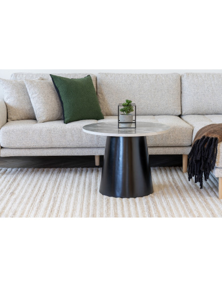 Table basse moderne chic Ronde Bois MDF Mélamine Gris Effet marbre Métal Noir Brito 