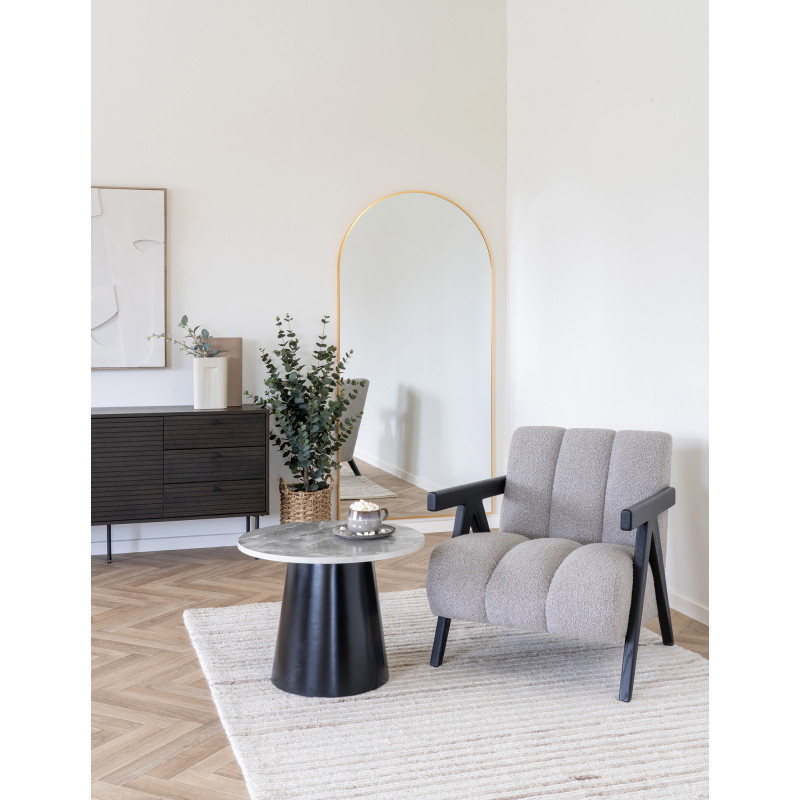 Table basse moderne chic Ronde Bois MDF Mélamine Gris Effet marbre Métal Noir Brito 