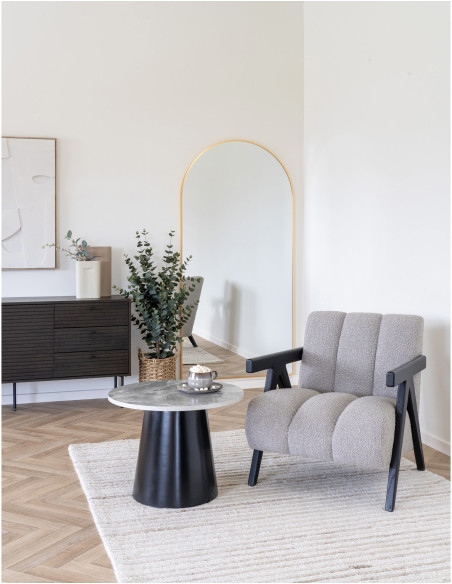 Table basse moderne chic Ronde Bois MDF Mélamine Gris Effet marbre Métal Noir Brito 