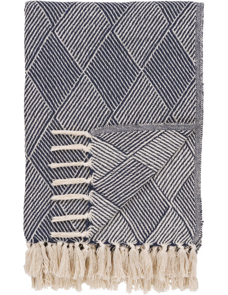 Plaid bohème chic 130x180 Coton Polyester Bleu Beige Avec pompons Motif losanges Izmir 