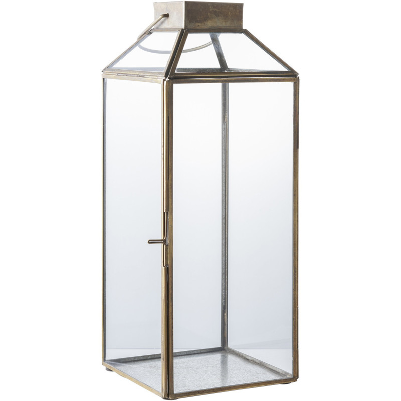 Grande Lanterne Photophore pour bougie Hauteur 35 cm Verre Transparent Métal Doré Effet laiton vieilli Mysore 