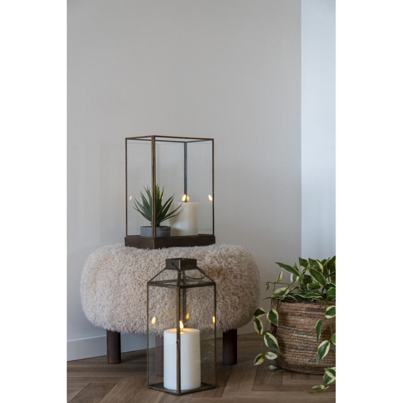 Grande Lanterne Photophore pour bougie Hauteur 35 cm Verre Transparent Métal Doré Effet laiton vieilli Mysore 