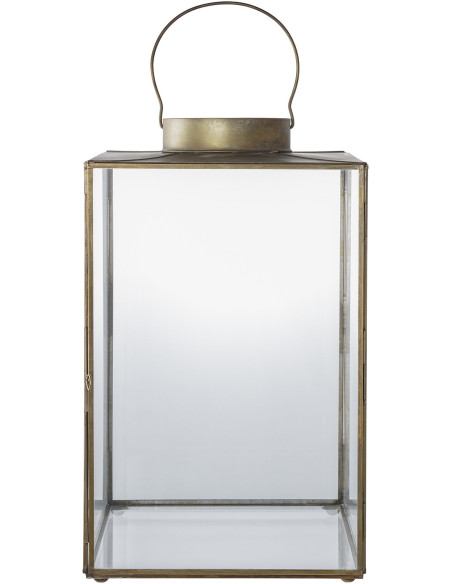 Lanterne avec poignée Photophore pour bougie Hauteur 24 cm Verre Transparent Métal Doré Effet laiton vieilli Mohali 