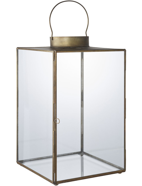 Lanterne avec poignée Photophore pour bougie Hauteur 24 cm Verre Transparent Métal Doré Effet laiton vieilli Mohali 