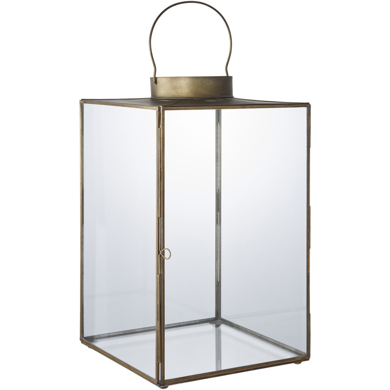 Lanterne avec poignée Photophore pour bougie Hauteur 24 cm Verre Transparent Métal Doré Effet laiton vieilli Mohali 
