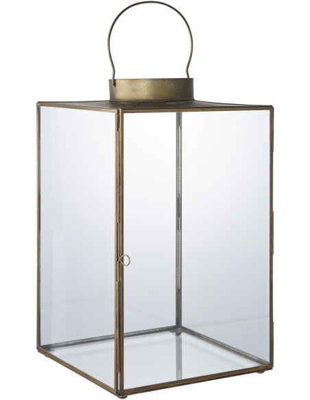Lanterne avec poignée Photophore pour bougie Hauteur 24 cm Verre Transparent Métal Doré Effet laiton vieilli Mohali 