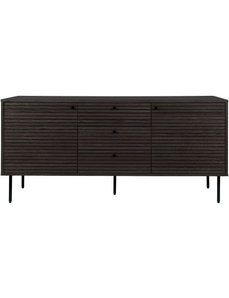 Grand Buffet moderne Bas 2 portes 3 tiroirs Bois MDF Marron Effet chêne fumé Feuille de mélamine Métal Noir Kyoto 