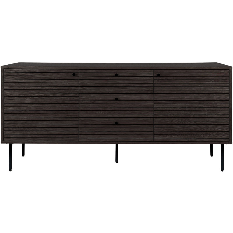 Grand Buffet moderne Bas 2 portes 3 tiroirs Bois MDF Marron Effet chêne fumé Feuille de mélamine Métal Noir Kyoto 
