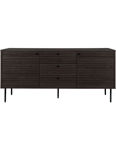 Grand Buffet moderne Bas 2 portes 3 tiroirs Bois MDF Marron Effet chêne fumé Feuille de mélamine Métal Noir Kyoto 