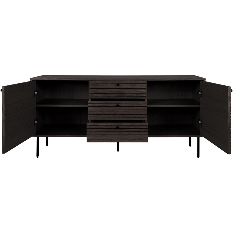 Grand Buffet moderne Bas 2 portes 3 tiroirs Bois MDF Marron Effet chêne fumé Feuille de mélamine Métal Noir Kyoto 