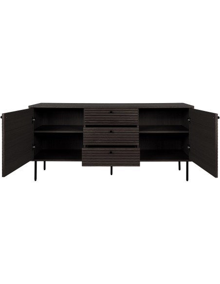 Grand Buffet moderne Bas 2 portes 3 tiroirs Bois MDF Marron Effet chêne fumé Feuille de mélamine Métal Noir Kyoto 