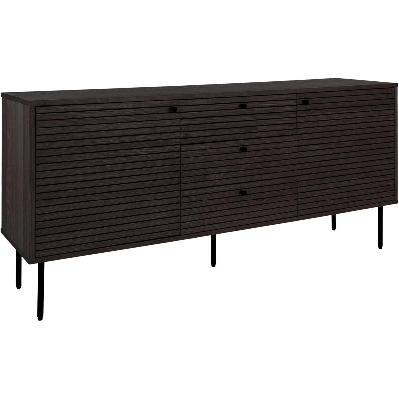 Grand Buffet moderne Bas 2 portes 3 tiroirs Bois MDF Marron Effet chêne fumé Feuille de mélamine Métal Noir Kyoto 