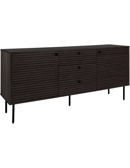 Grand Buffet moderne Bas 2 portes 3 tiroirs Bois MDF Marron Effet chêne fumé Feuille de mélamine Métal Noir Kyoto 