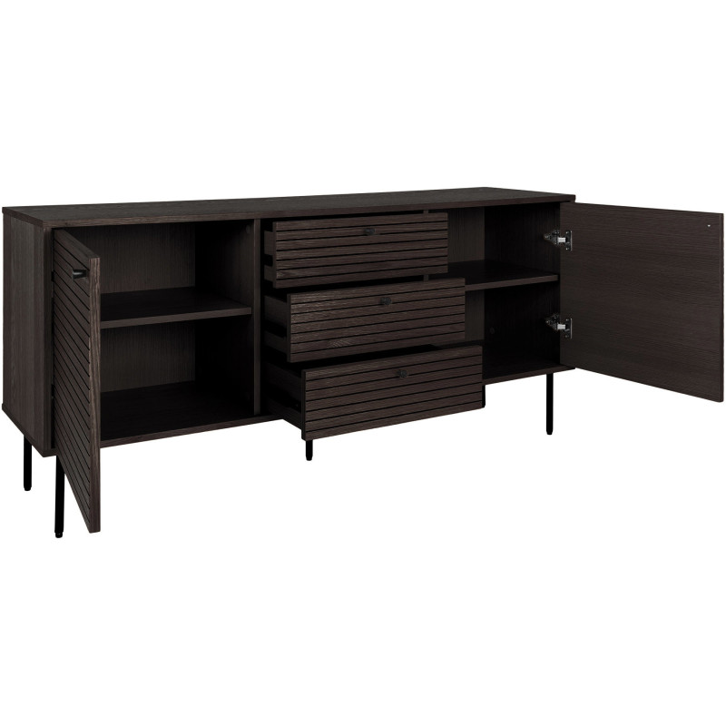 Grand Buffet moderne Bas 2 portes 3 tiroirs Bois MDF Marron Effet chêne fumé Feuille de mélamine Métal Noir Kyoto 