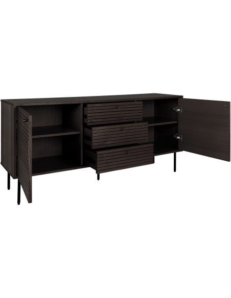 Grand Buffet moderne Bas 2 portes 3 tiroirs Bois MDF Marron Effet chêne fumé Feuille de mélamine Métal Noir Kyoto 