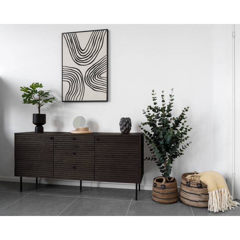 Grand Buffet moderne Bas 2 portes 3 tiroirs Bois MDF Marron Effet chêne fumé Feuille de mélamine Métal Noir Kyoto 