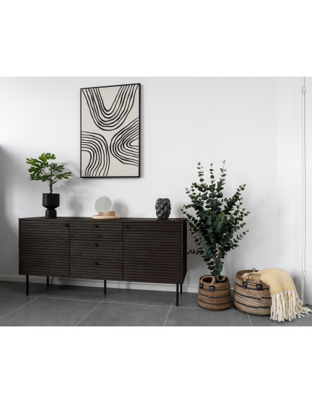 Grand Buffet moderne Bas 2 portes 3 tiroirs Bois MDF Marron Effet chêne fumé Feuille de mélamine Métal Noir Kyoto 