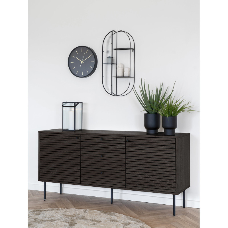 Grand Buffet moderne Bas 2 portes 3 tiroirs Bois MDF Marron Effet chêne fumé Feuille de mélamine Métal Noir Kyoto 
