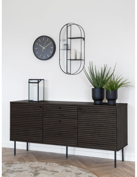 Grand Buffet moderne Bas 2 portes 3 tiroirs Bois MDF Marron Effet chêne fumé Feuille de mélamine Métal Noir Kyoto 