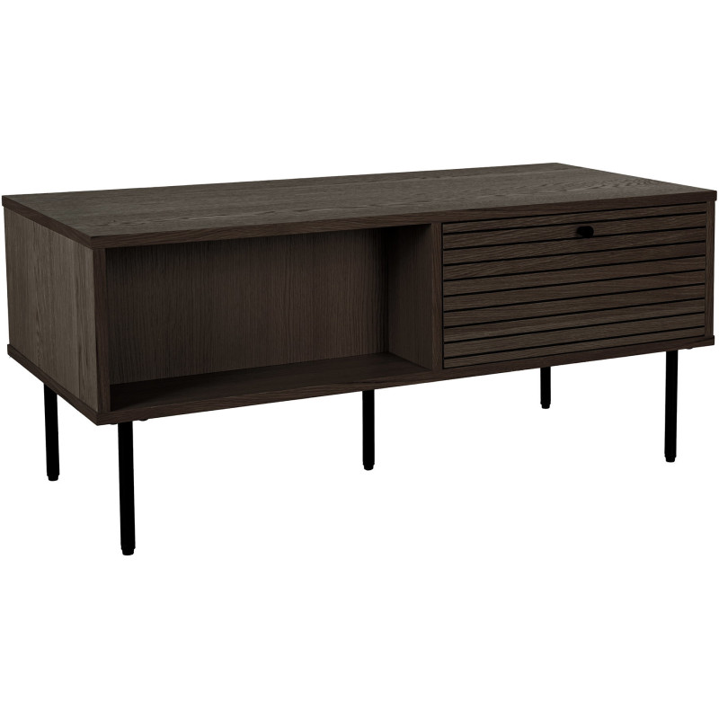 Table basse moderne Rectangulaire 2 tiroirs 2 niches Bois MDF Marron Effet chêne fumé Feuille de mélamine Métal Noir Kyoto House