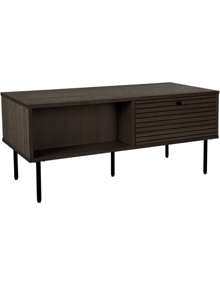 Table basse moderne Rectangulaire 2 tiroirs 2 niches Bois MDF Marron Effet chêne fumé Feuille de mélamine Métal Noir Kyoto House