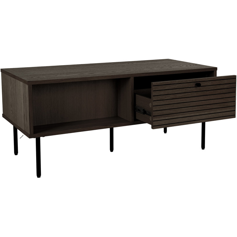 Table basse moderne Rectangulaire 2 tiroirs 2 niches Bois MDF Marron Effet chêne fumé Feuille de mélamine Métal Noir Kyoto House