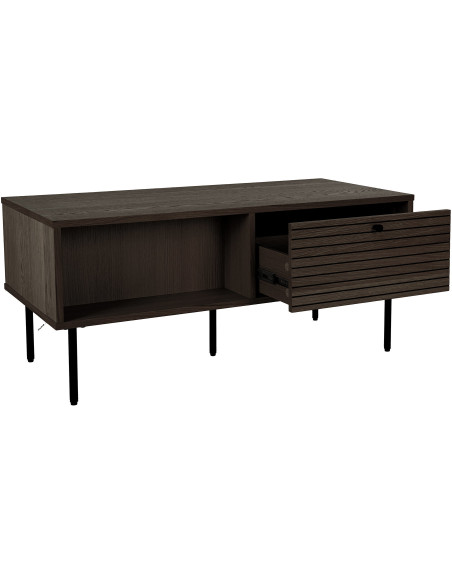 Table basse moderne Rectangulaire 2 tiroirs 2 niches Bois MDF Marron Effet chêne fumé Feuille de mélamine Métal Noir Kyoto House