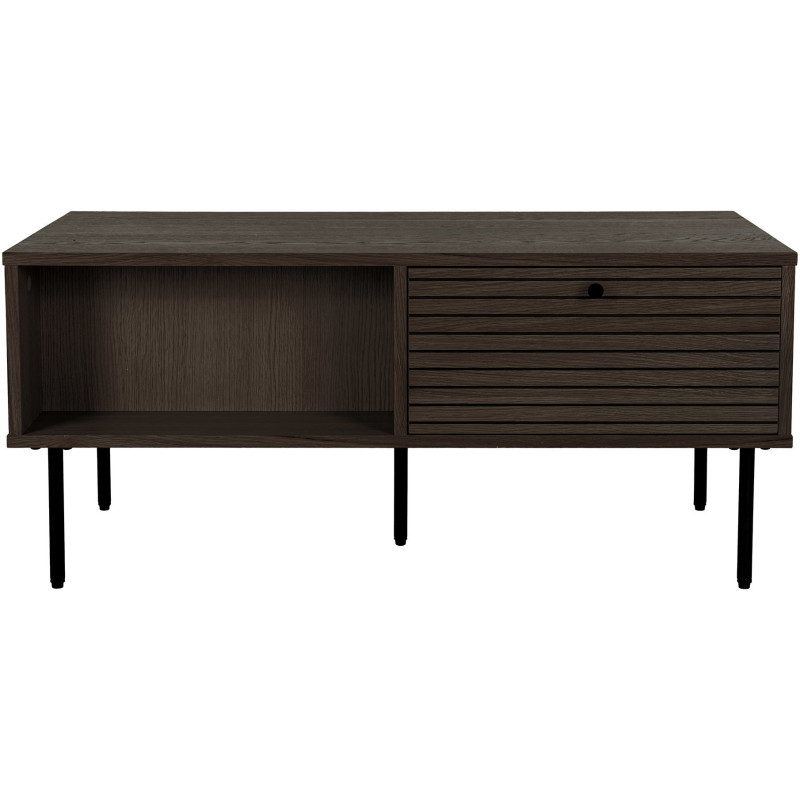 Table basse moderne Rectangulaire 2 tiroirs 2 niches Bois MDF Marron Effet chêne fumé Feuille de mélamine Métal Noir Kyoto House
