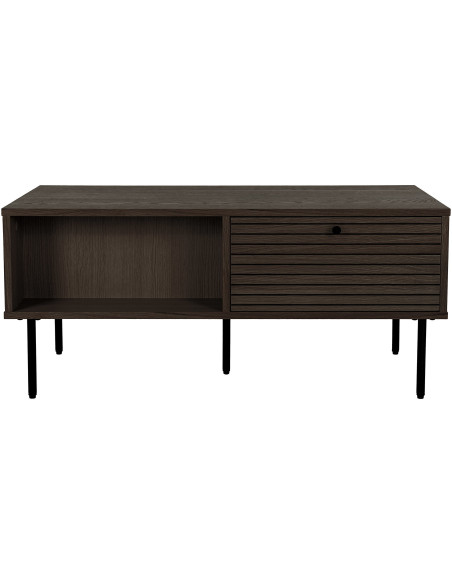 Table basse moderne Rectangulaire 2 tiroirs 2 niches Bois MDF Marron Effet chêne fumé Feuille de mélamine Métal Noir Kyoto House
