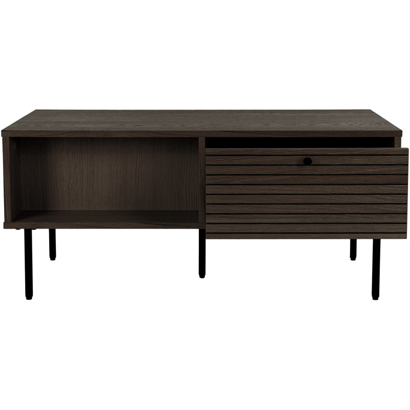 Table basse moderne Rectangulaire 2 tiroirs 2 niches Bois MDF Marron Effet chêne fumé Feuille de mélamine Métal Noir Kyoto House