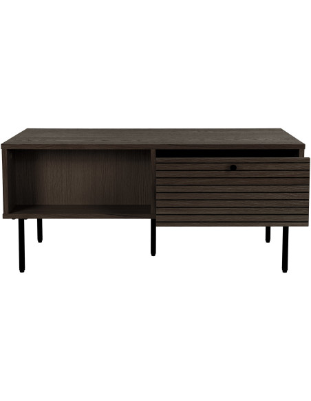 Table basse moderne Rectangulaire 2 tiroirs 2 niches Bois MDF Marron Effet chêne fumé Feuille de mélamine Métal Noir Kyoto House