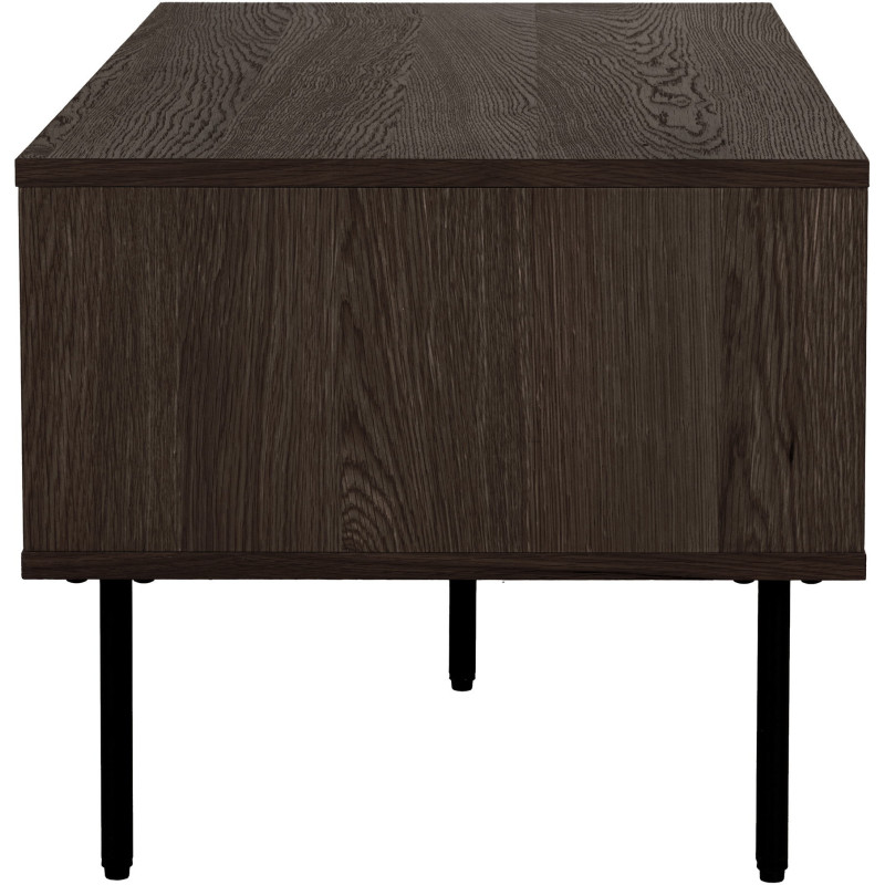 Table basse moderne Rectangulaire 2 tiroirs 2 niches Bois MDF Marron Effet chêne fumé Feuille de mélamine Métal Noir Kyoto House