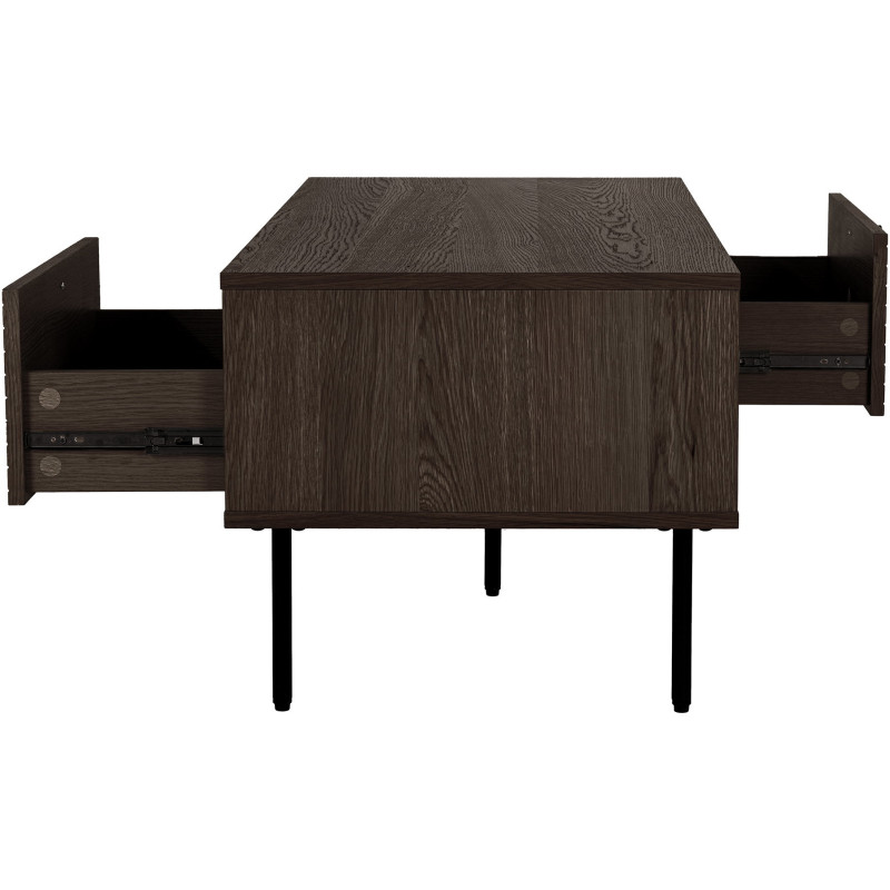 Table basse moderne Rectangulaire 2 tiroirs 2 niches Bois MDF Marron Effet chêne fumé Feuille de mélamine Métal Noir Kyoto House
