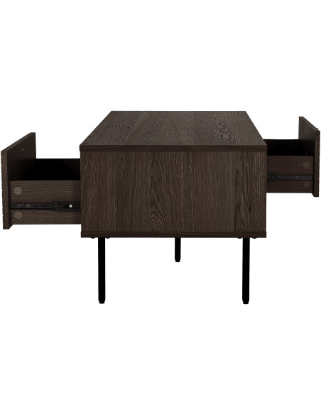 Table basse moderne Rectangulaire 2 tiroirs 2 niches Bois MDF Marron Effet chêne fumé Feuille de mélamine Métal Noir Kyoto House