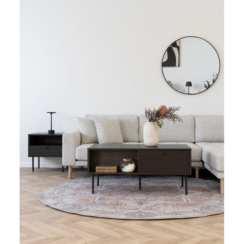 Table basse moderne Rectangulaire 2 tiroirs 2 niches Bois MDF Marron Effet chêne fumé Feuille de mélamine Métal Noir Kyoto House