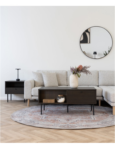Table basse moderne Rectangulaire 2 tiroirs 2 niches Bois MDF Marron Effet chêne fumé Feuille de mélamine Métal Noir Kyoto House