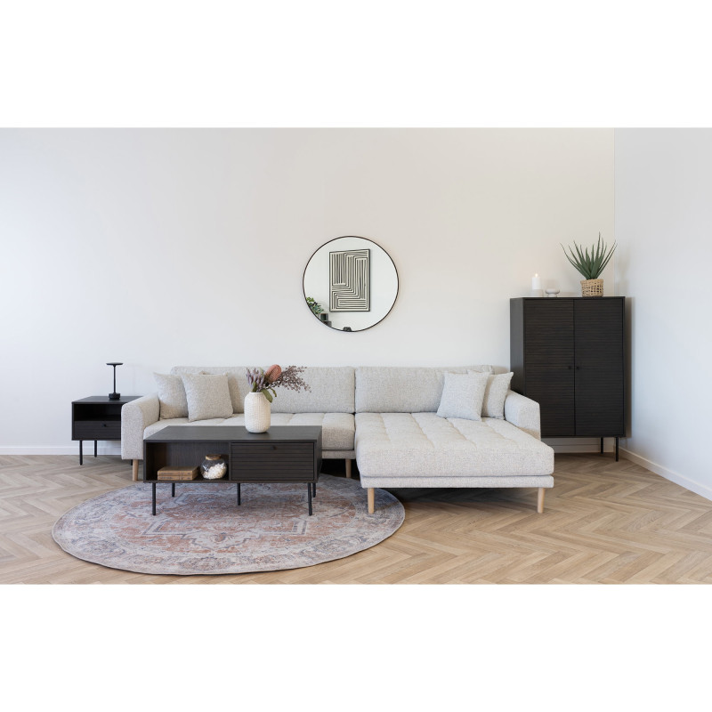Table basse moderne Rectangulaire 2 tiroirs 2 niches Bois MDF Marron Effet chêne fumé Feuille de mélamine Métal Noir Kyoto House