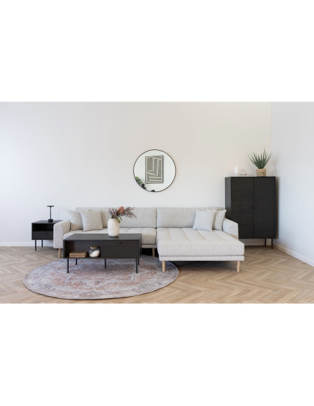 Table basse moderne Rectangulaire 2 tiroirs 2 niches Bois MDF Marron Effet chêne fumé Feuille de mélamine Métal Noir Kyoto House