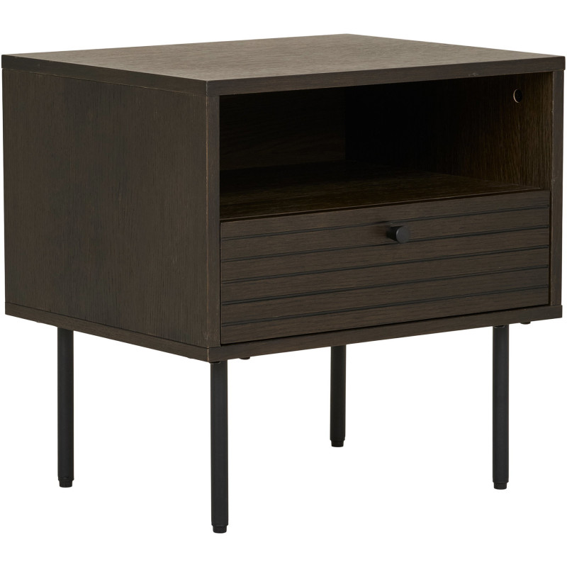 Grand Chevet moderne 1 tiroir 1 niche Bois MDF Marron Effet chêne fumé Feuille de mélamine Métal Noir Kyoto 