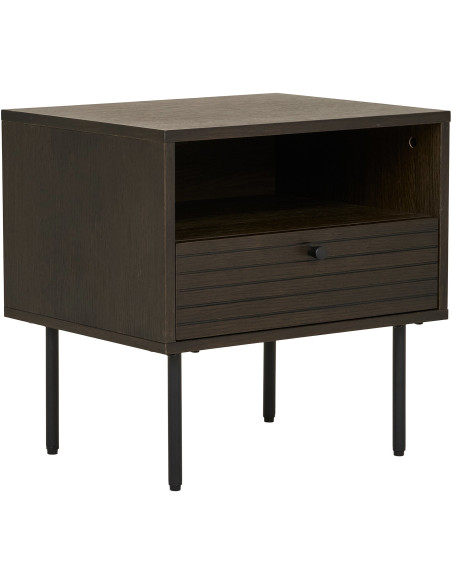 Grand Chevet moderne 1 tiroir 1 niche Bois MDF Marron Effet chêne fumé Feuille de mélamine Métal Noir Kyoto 